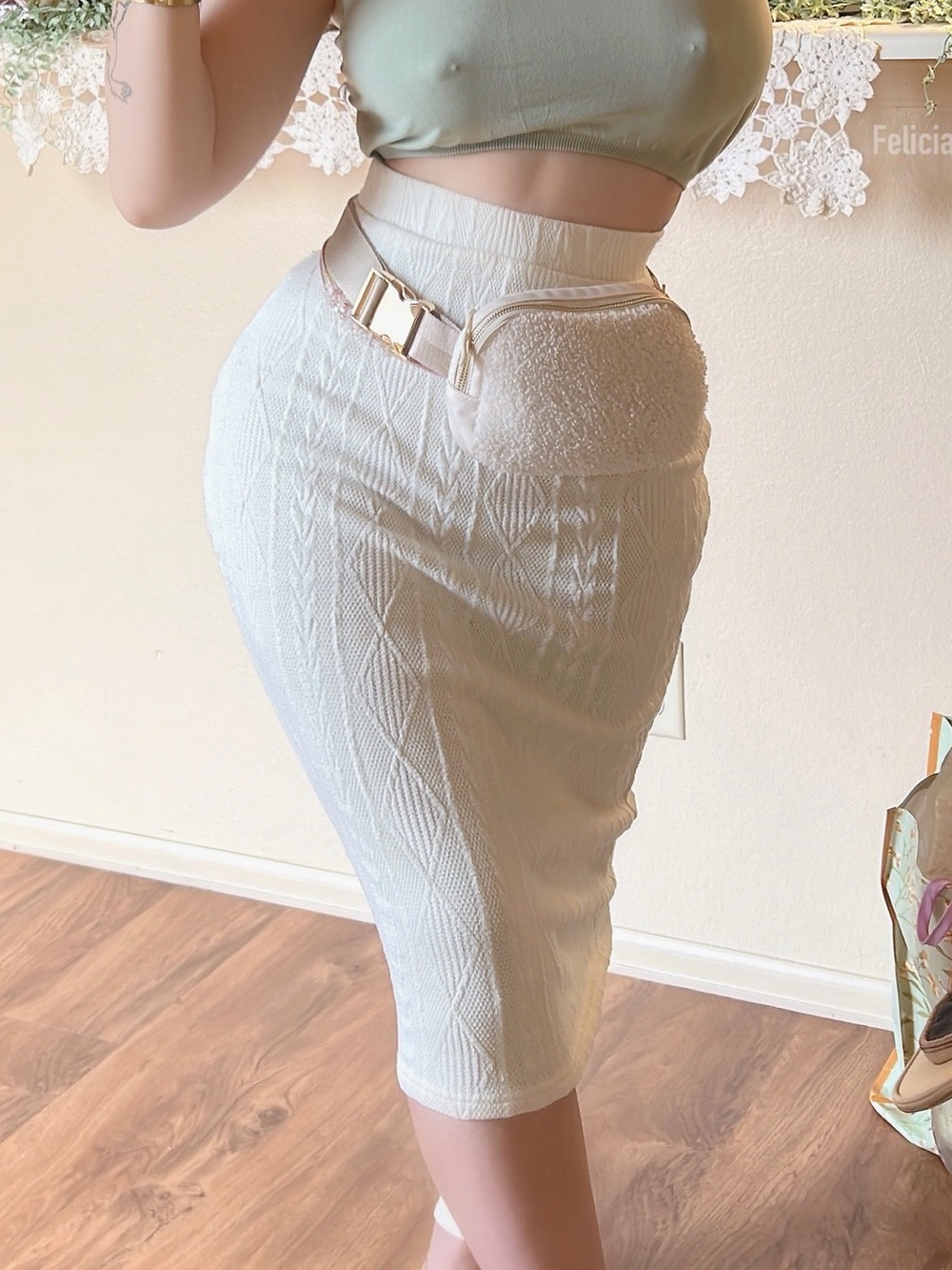 SHEIN Cream Textured High-Waist Pencil Skirt